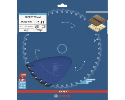 Lame de scie circulaire Bosch Expert Wood, diamètre 250 millimètres, alésage 30 millimètres, 40 dents, technologie carbure pour bois.