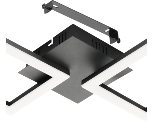 Socle de plafonnier LED noir avec support de montage et vis.