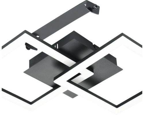 Moderne LED Deckenleuchte mit zwei ineinander verschlungenen, quadratischen Metallelementen in Schwarz.