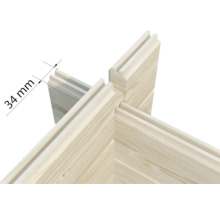 Assemblage d'angle de poutres en bois avec indication d'une épaisseur de paroi de 34 millimètres pour abris de jardin.