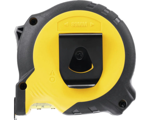 Mètre ruban jaune et noir avec clip ceinture et largeur de boîtier de 89 millimètres.