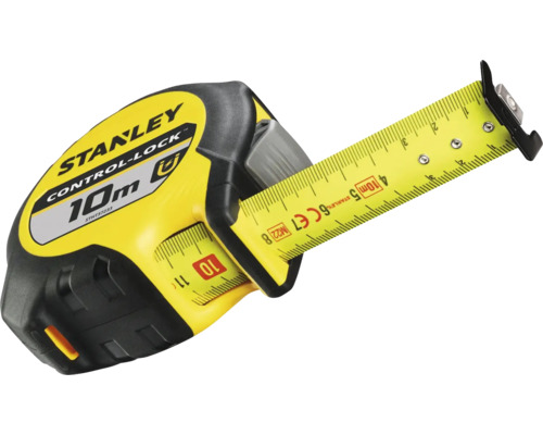 Mètre ruban Stanley Control-Lock 10 mètres, boîtier jaune et noir, ruban extractible avec bouton de blocage.