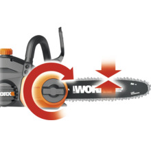 Tronçonneuse Worx avec système de tension de chaîne sans outil.