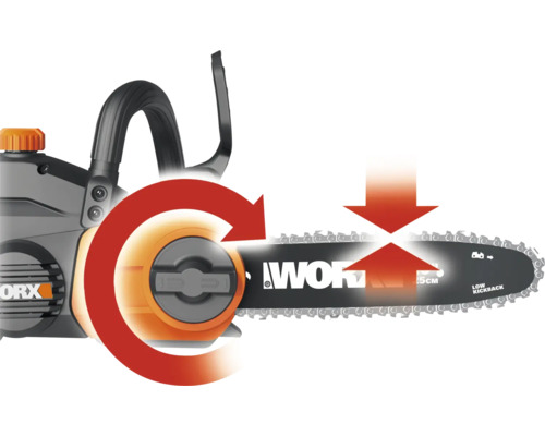 Tronçonneuse Worx avec système de tension de chaîne sans outil.