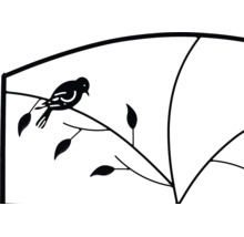 Détail d'un support de plante en métal avec motif d'oiseau sur une branche.
