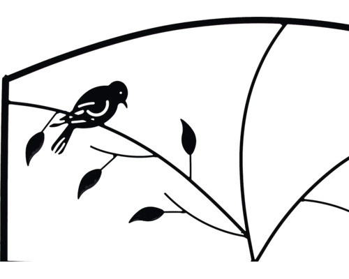 Détail d'un support de plante en métal avec motif d'oiseau sur une branche.