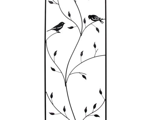 Support pour plantes grimpantes en métal avec motif décoratif d'oiseaux et de branches.