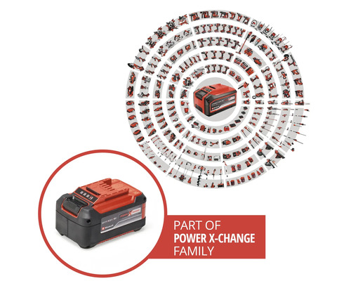 Einhell Power X-Change Akku mit zahlreichen kompatiblen Werkzeugen und Gartengeräten aus dem Akku-System.