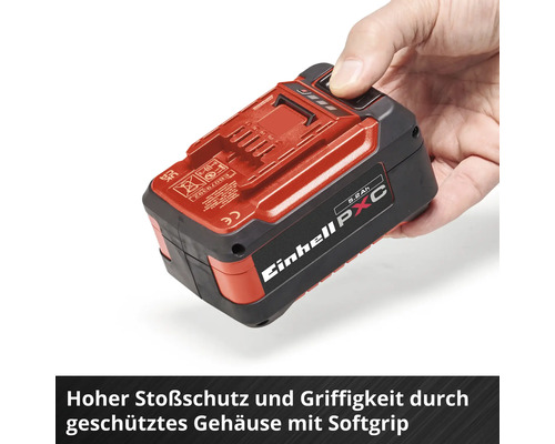 Einhell Power X-Change Akku 5,2 Amperestunden mit stoßgeschütztem Gehäuse und Softgrip-Oberfläche, von einer Hand gehalten.