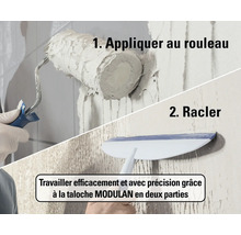 Application d'enduit en deux étapes : 1. Appliquer au rouleau. 2. Lisser avec une taloche MODULAN.