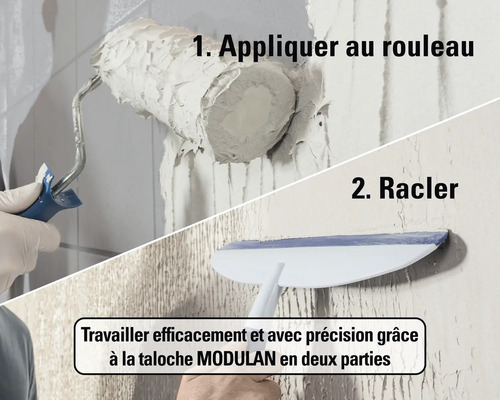 Application d'enduit en deux étapes : 1. Appliquer au rouleau. 2. Lisser avec une taloche MODULAN.