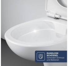 Detailansicht eines spülrandlosen WCs mit fokusierter Darstellung der hygienischen und reinigungsfreundlichen randlosen WC-Schüssel.