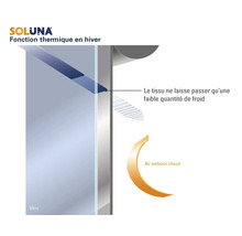 Logo Soluna. Illustration de la fonction thermique en hiver : le tissu isole du froid extérieur et renvoie l'air ambiant chaud dans la pièce.