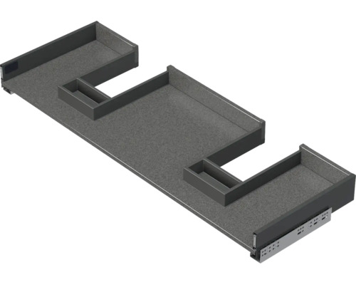 Tiroir en U avec découpe pour siphon pour meuble sous-lavabo, comprenant un tapis antidérapant et des rails coulissants.