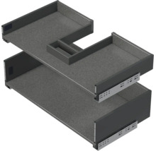 Ensemble de deux tiroirs anthracite pour meuble sous-lavabo, tiroir supérieur avec découpe pour siphon et coulisses métalliques.