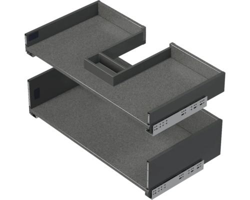 Ensemble de deux tiroirs anthracite pour meuble sous-lavabo, tiroir supérieur avec découpe pour siphon et coulisses métalliques.