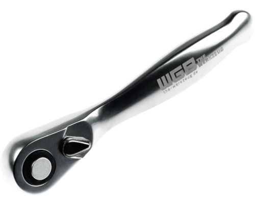 Umschaltknarre aus verchromtem Stahl mit ergonomischem Griff, WGB Logo.