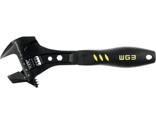Verstellbarer Rollgabelschlüssel mit ergonomischem Griff, Millimeterskala am Kopf und WG3 Logo.