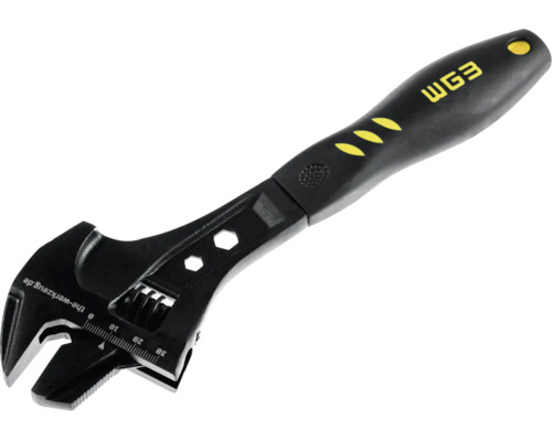 Verstellbarer Rollgabelschlüssel in Schwarz mit WG3 Logo, Messskala bis 30 Millimeter und ergonomischem Griff.