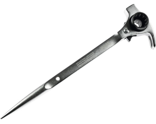 Clé à cliquet pour échafaudage en métal avec une pointe et une tête à cliquet.