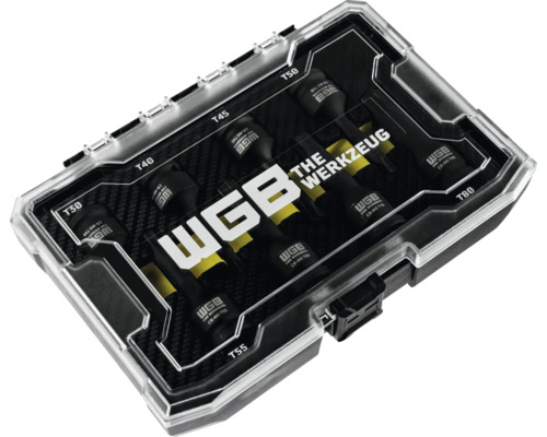 Coffret d embouts Torx à chocs WGB, 8 pièces, tailles T30 à T80, entraînement 1/2 pouce, acier chrome-molybdène dans une boîte en plastique.