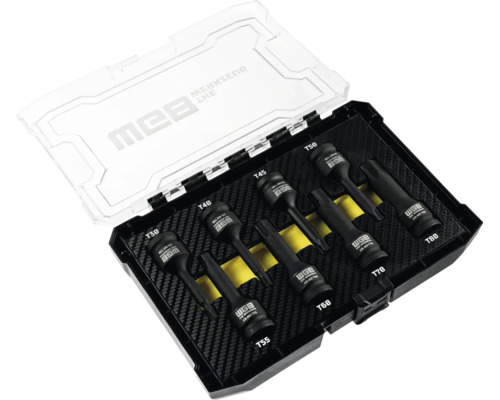 Coffret d'embouts de vissage à chocs WGB Torx, 8 pièces, tailles T30 à T80, en acier chrome-molybdène dans une boîte en plastique noire.