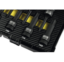 Douilles à chocs Torx WGB T60, T70 et T80 en acier chrome-molybdène dans un insert à outils.