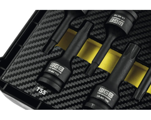 Jeu d'embouts de vissage à choc Torx WGB en acier chrome-molybdène noir dans un insert en mousse avec motif carbone.