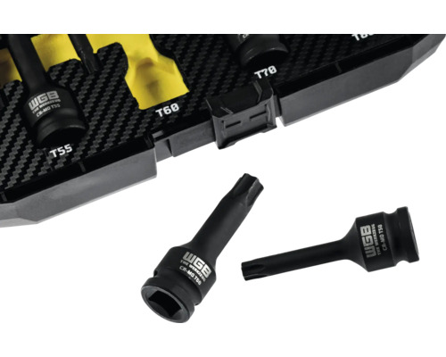 Embouts à chocs Torx WGB en acier chrome-molybdène, rangés dans un coffret à outils.