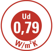 Coefficient de transmission thermique Ud de 0,79 Watt par mètre carré Kelvin pour une porte.