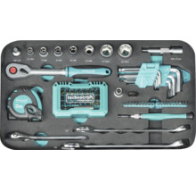 Set d outils Technocraft dans un insert en mousse avec cliquet, douilles, clés Allen, mètre ruban et tournevis pour artisans.