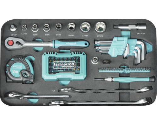 Set d outils Technocraft dans un insert en mousse avec cliquet, douilles, clés Allen, mètre ruban et tournevis pour artisans.