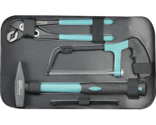 Kit d'outils Technocraft comprenant pince multiprise, scie à métaux, marteau de mécanicien et lame de rechange dans une sacoche