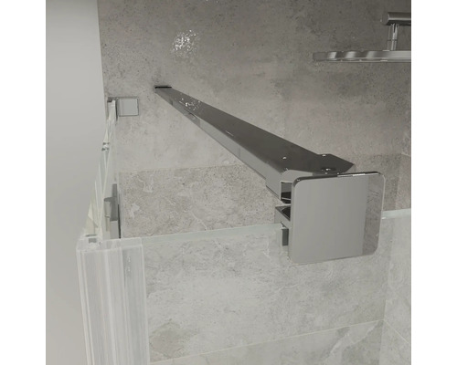 Stabilisationsstange für Duschwände aus verchromtem Metall, quadratisches Design, zur Befestigung einer Glaswand an der Wand.