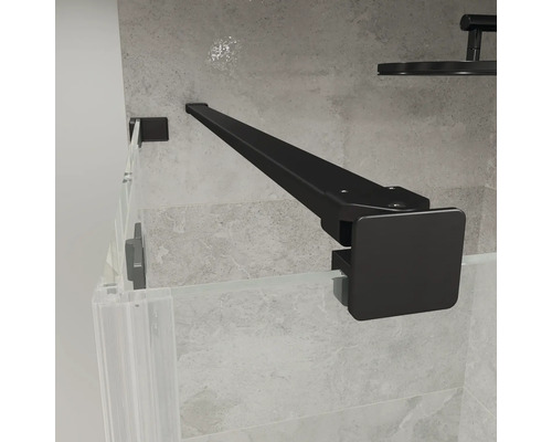 Schwarze Stabilisierungsstange für Duschtrennwände, Montage zwischen Wand und Glas, eckiges Design, matte Oberfläche.