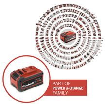 Einhell Power X-Change Akku als Teil eines umfangreichen Systems mit zahlreichen kompatiblen Werkzeugen und Gartengeräten.