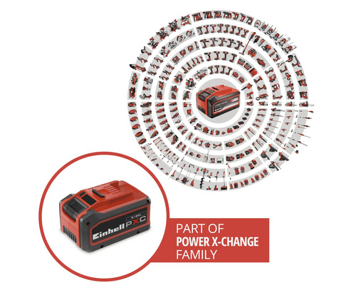 Einhell Power X-Change Akku als Teil eines umfangreichen Systems mit zahlreichen kompatiblen Werkzeugen und Gartengeräten.
