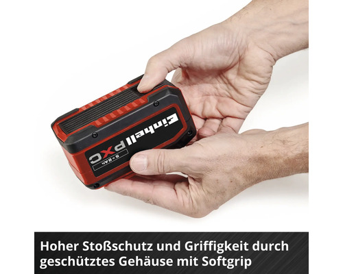Einhell Power X-Change Akku mit stoßgeschütztem Gehäuse und Softgrip-Oberfläche für bessere Griffigkeit.
