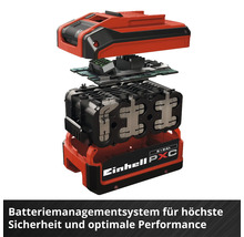 Explosionsdarstellung eines Einhell PXC Akkus mit Batteriemanagementsystem, Platine und Akkuzellen für Werkzeuge.