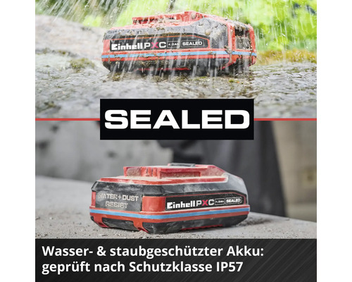 Einhell Akku geschützt gegen Wasser und Staub gemäß Schutzart IP57.