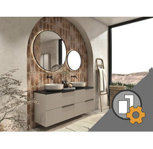 Salle de bains moderne avec meuble sous-vasque suspendu, deux vasques à poser, miroirs ronds et une arche carrelée.