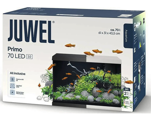 Kit de démarrage pour aquarium Juwel Primo 70 LED d'environ 70 litres, dimensions 61 par 31 par 43,5 centimètres.