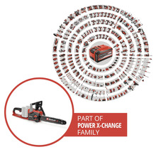 Tronçonneuse sans fil Einhell faisant partie de la famille Power X-Change, illustrée par de nombreux outils et une batterie compatibles.