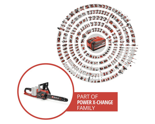 Tronçonneuse sans fil Einhell faisant partie de la famille Power X-Change, illustrée par de nombreux outils et une batterie compatibles.