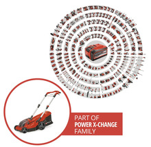 Einhell Akku Rasenmäher als Teil der Power X Change Familie mit Akku und zahlreichen kompatiblen Elektrowerkzeugen in einer Übersichtsgrafik.