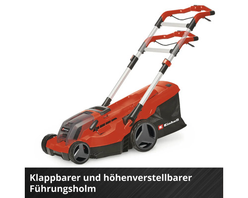 Einhell Akku Rasenmäher mit klappbarem und höhenverstellbarem Führungsholm und Fangkorb.