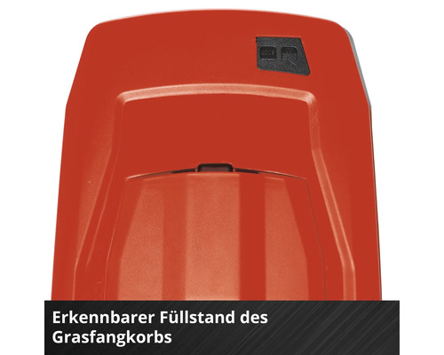 Detailansicht der Füllstandsanzeige am Grasfangkorb eines Rasenmähers zur Kontrolle der Grasmenge.