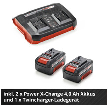 Einhell Akku Starter Kit mit einem Power X Change Twincharger Ladegerät und zwei 4,0 Amperestunden 18 Volt Lithium Ionen Akkus.