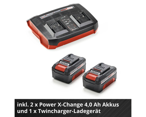 Einhell Akku Starter Kit mit einem Power X Change Twincharger Ladegerät und zwei 4,0 Amperestunden 18 Volt Lithium Ionen Akkus.