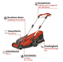 Akku Rasenmäher von Einhell mit Informationen zu Motor, Schnittbreite, Schnitthöhe, Grasfangkorb und Lieferumfang.